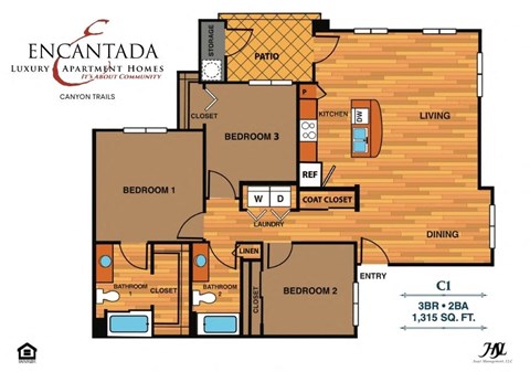 Encantada Canyon Trails floor plan of an apartment home with 3 bedrooms and 2 baths